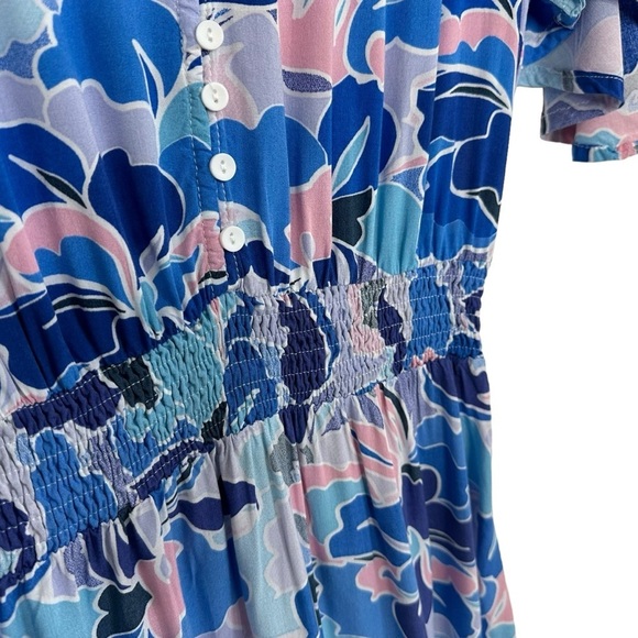 Abel the Label Womens Floral High Low Midi Dress Sz Medium Blue Flutter Sleeve - Picture 5 of 10